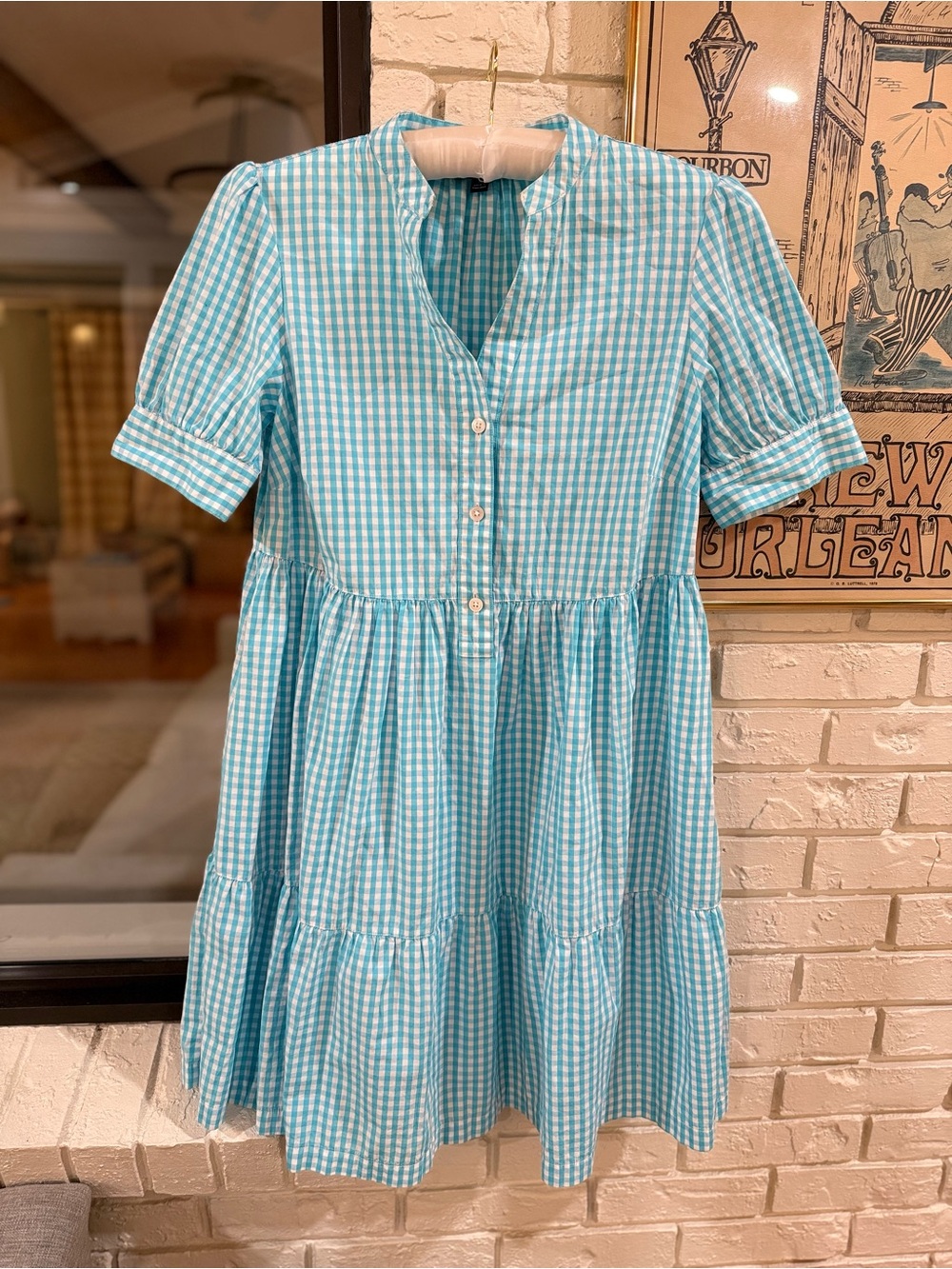 Brooks Brothers Aqua Gingham Tiered Button-Front Dress